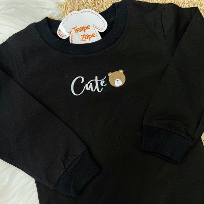 Conj. Blusa Manga Longa Cute Bear e Calça Anarruga com Bolso - Preto e Cinza